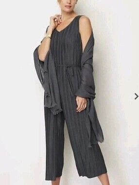 Pure Jill Elements Gray Pleated Wide Leg Jumpsuit Petite Medium Sleeveless